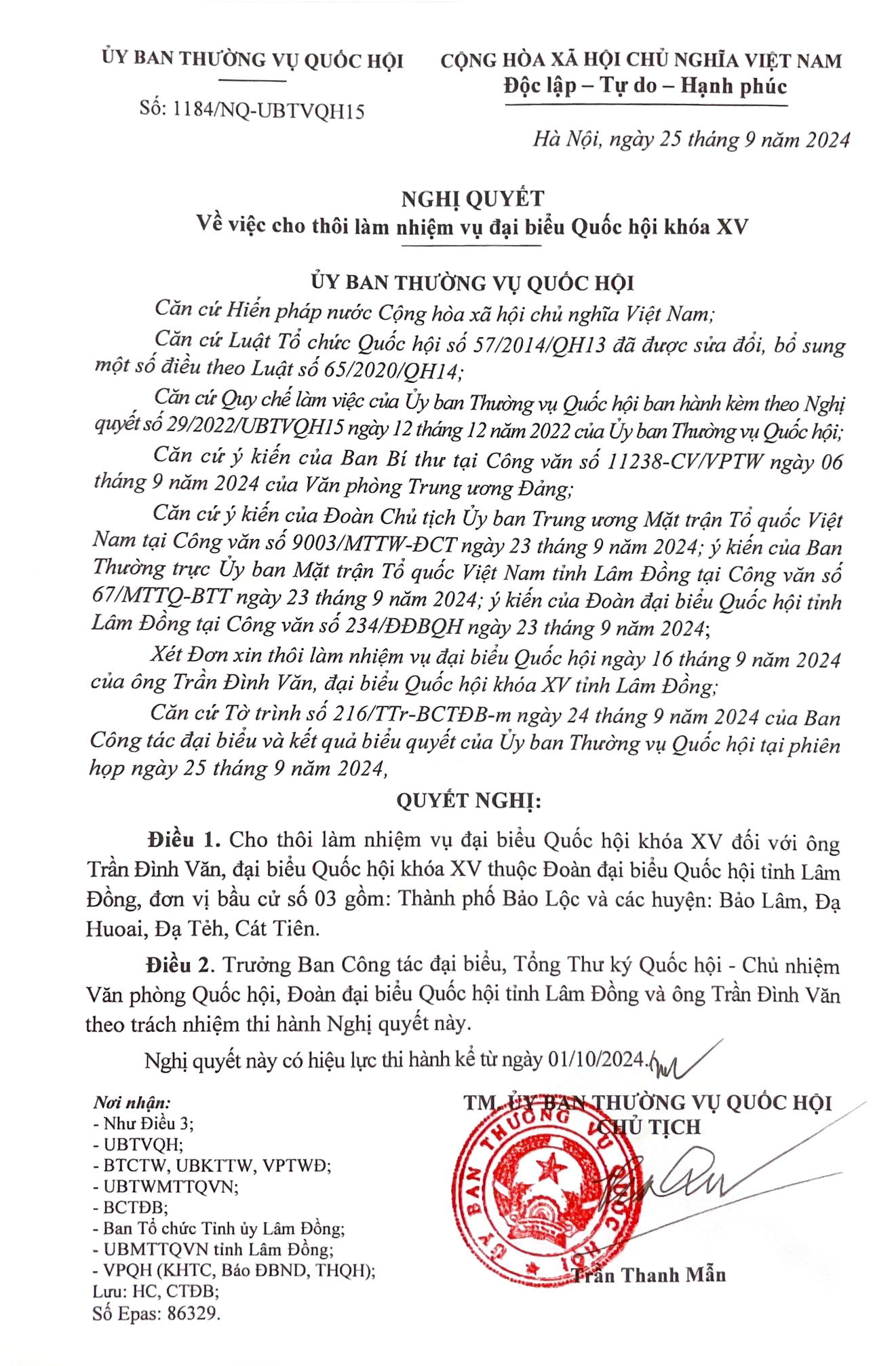 Quyết định cho thôi làm nhiệm vụ đại biểu Quốc hội khóa XV đối với ông Trần Đình Văn