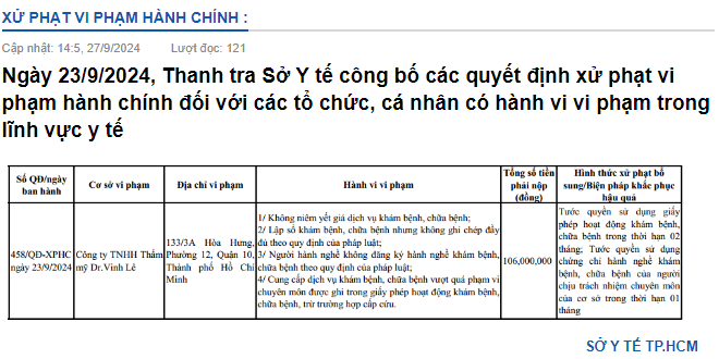 Thông báo xử phạt của Thanh tra Sở Y tế TP. Hồ Chí Minh