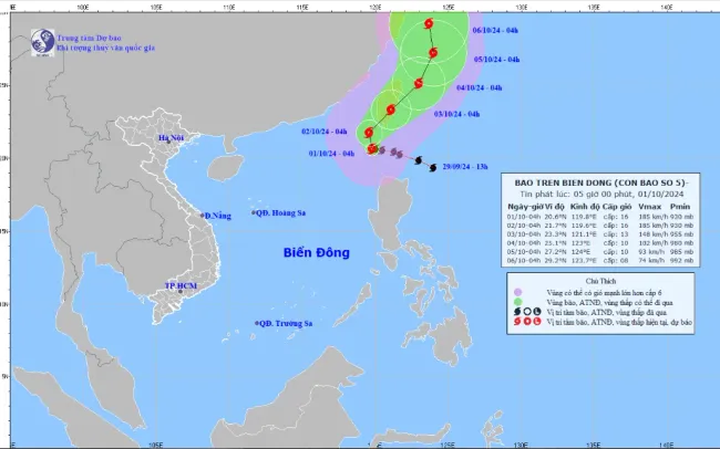 Thông báo, bão số 5 vào Biển Đông, tâm bão mạnh cấp 16 giật trên cấp 17