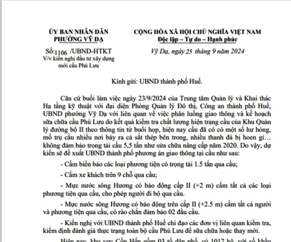 Công văn của Phường Vỹ Dạ kiến nghị xây dựng mới Cầu Phú Lưu