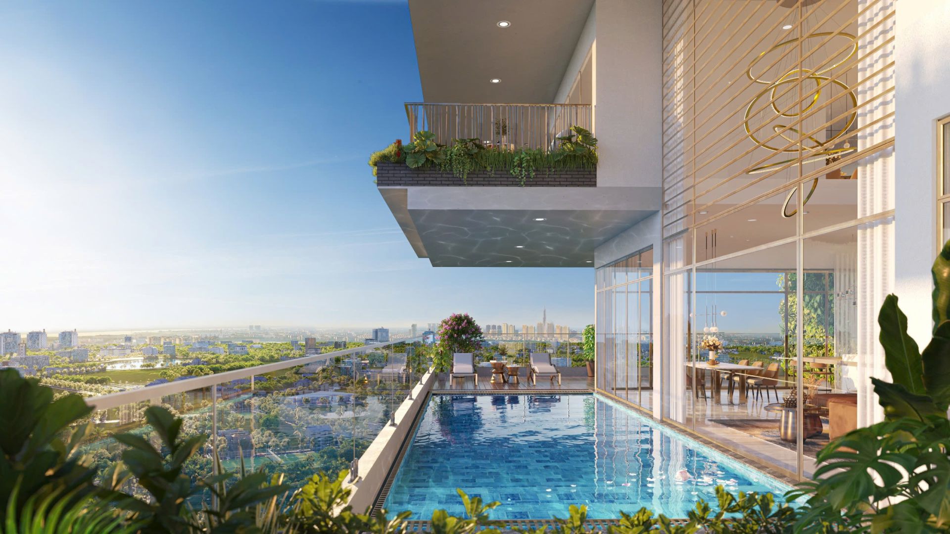 Các căn penthouse không chỉ mang đến không gian sống sang trọng mà còn có hồ bơi riêng, tạo sự riêng tư và thư giãn cho gia chủ