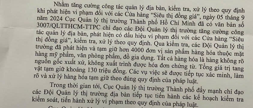 Một phần văn bản số 3346/QLTTHCM-KTPHLN của Cục Quản lý thị trường TP. HCM