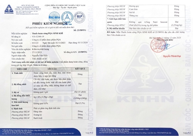 Phiếu kiểm nghiệm của Sở Y Tế Hà Nội