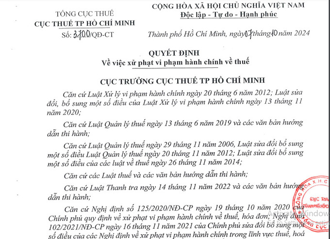 Quyết định xử phạt vi phạm hành chính về thuế của Cục Thuế TP.HCM