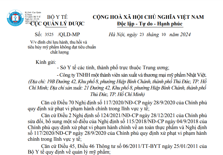 Một phần Công văn số 3525/QLD-MP của Cục Quản lý Dược