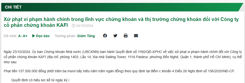 Thông báo xử phạt của Ủy ban Chứng khoán Nhà nước