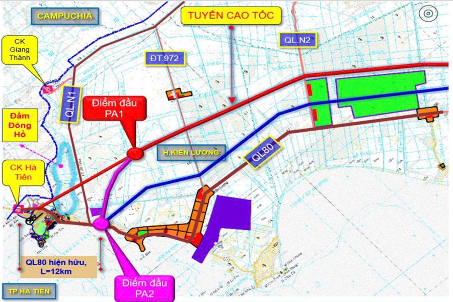 Sơ đồ tuyến cao tốc Hà Tiên - Rạch Giá - Bạc Liêu (màu đỏ).