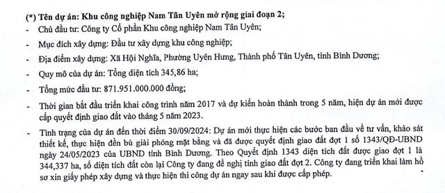 Thông tin dự án Khu công nghiệp Nam Tân Uyên mở rộng giai đoạn 2 tại thời điểm 30/9/2024