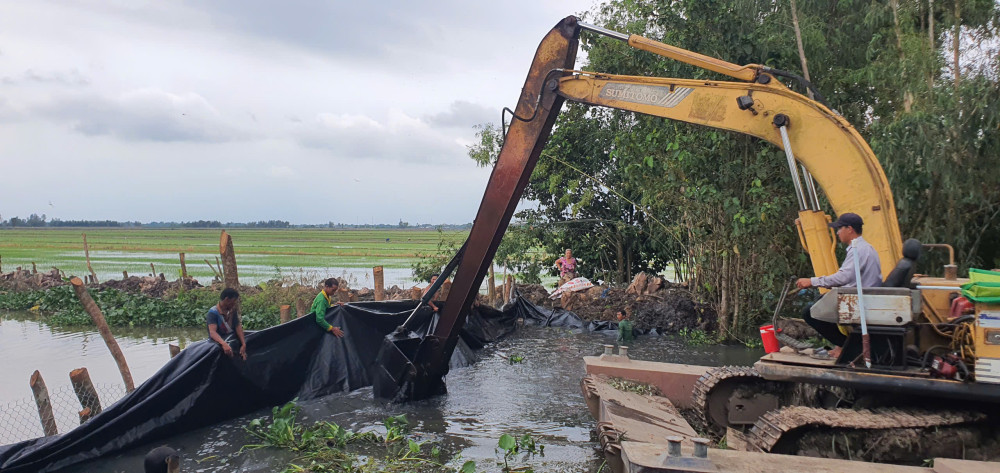 Nông dân gia cố đê bao cứu lúa