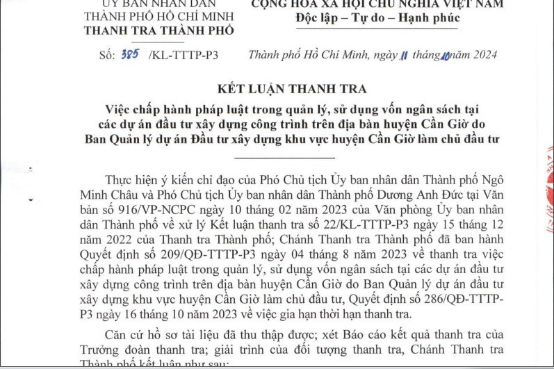 Một phần Kết luận Thanh tra số 385/KL-TTTP-P3 của Thanh tra TP. Hồ Chí Minh