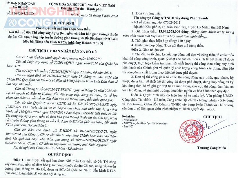 Gói thầu tiết kiệm cho ngân sách nhà nước khoảng 39 triệu đồng, tỷ lệ tiết kiệm thấp 0,29%