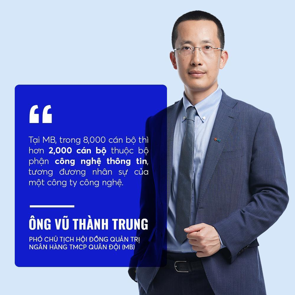 Ông Vũ Thành Trung chia sẻ: “Tại MB, trong 8,000 cán bộ thì hơn 2,000 cán bộ thuộc bộ phận công nghệ thông tin, tương đương nhân sự của một công ty công nghệ”