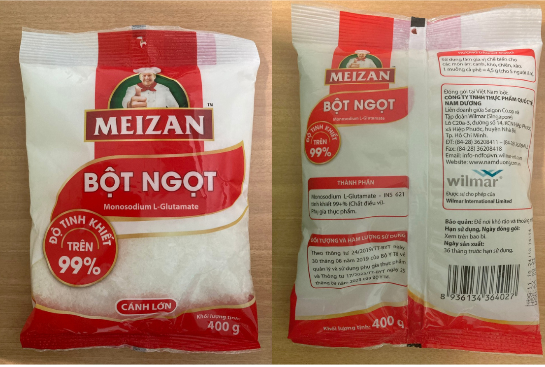 Trên bao bì sản phẩm Bột ngọt “Meizan