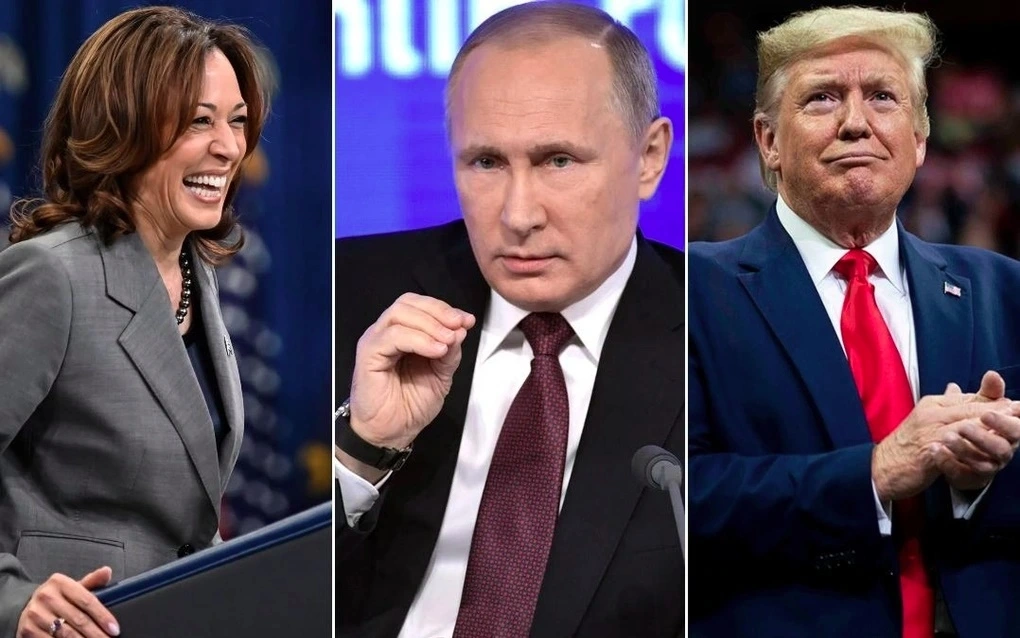 Ứng viên tổng thống Mỹ Harris, Tổng thống Nga Putin, ứng viên tổng thống Mỹ Trump (từ trái qua phải). Ảnh: Getty.