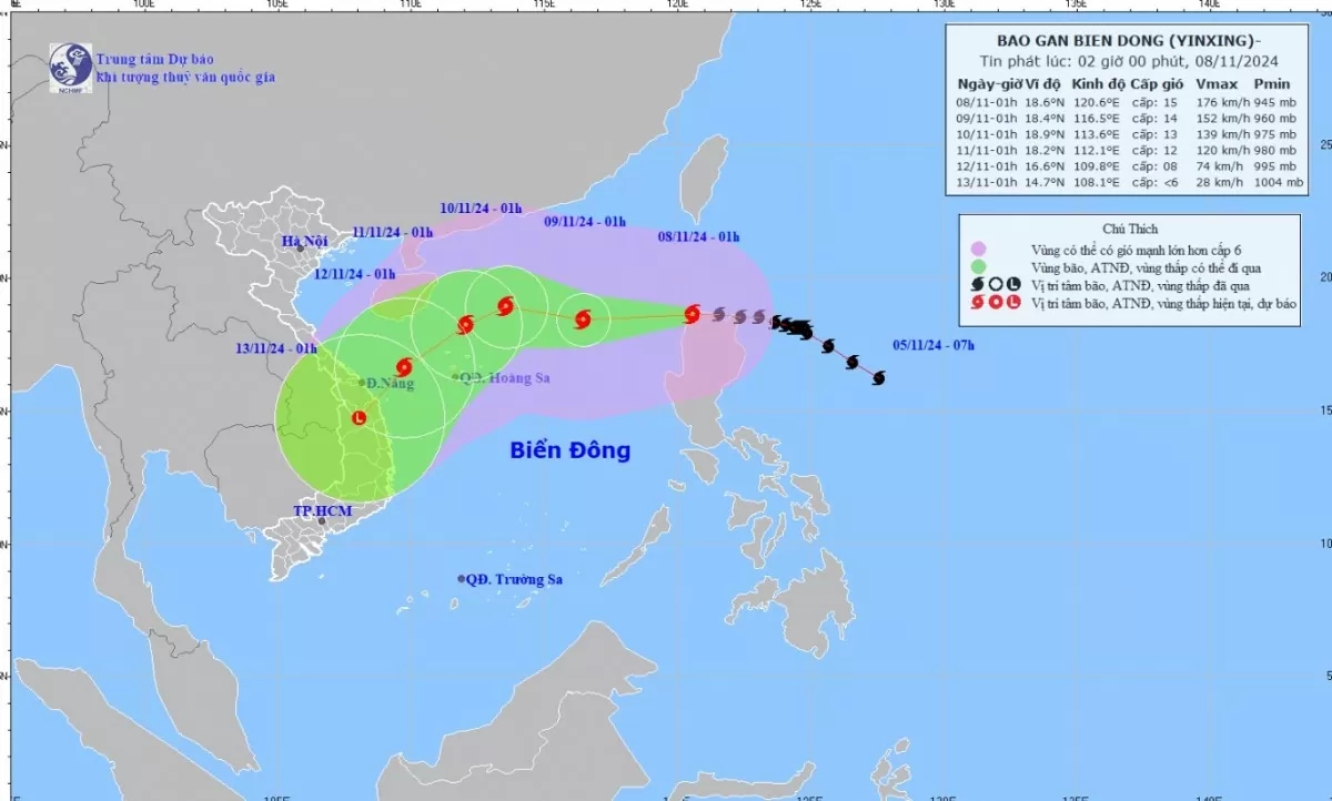 Hướng di chuyển của bão Yinxing - bão số 7. Ảnh: nchmf.