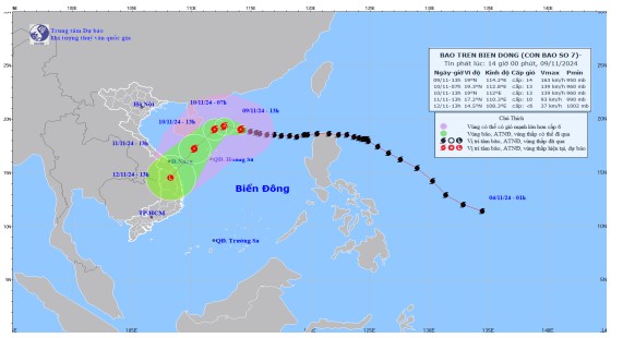 dự báo quỹ đạo và cường độ của bão số 07, phát lúc 14h00, ngày 09/11/2024.