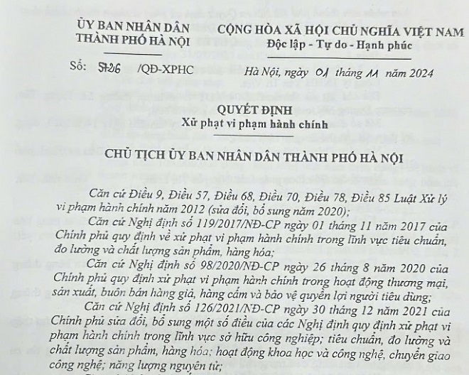 Quyết định xử phạt vi phạm hành chính của UBND TP Hà Nội