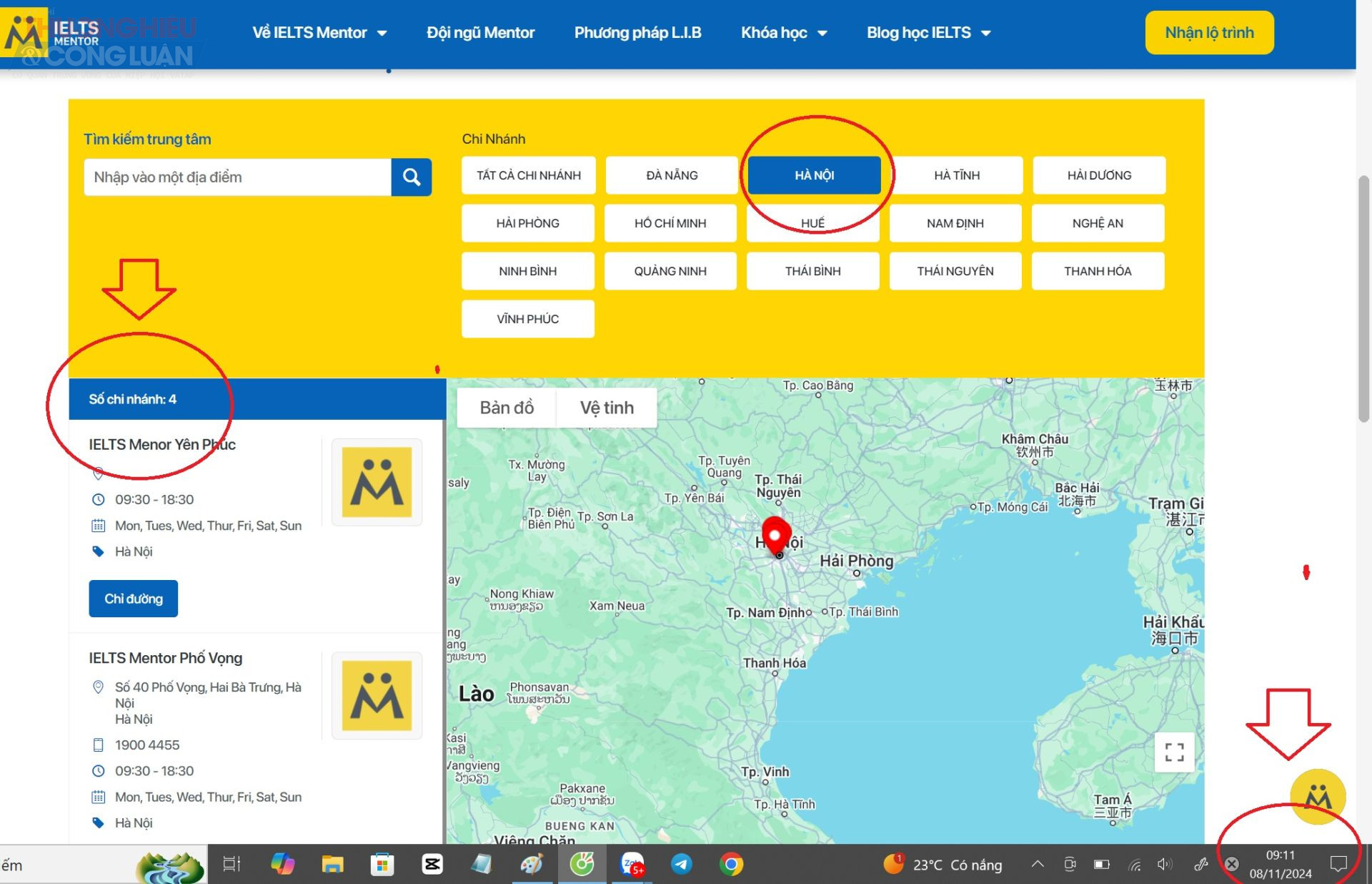 Sau khi PV liên hệ làm việc thì số cơ sở tại Hà Nội được hiện thị trên website của IELTS MENTOR chỉ còn 4 cơ sở (Ảnh chụp ngày 8/11)