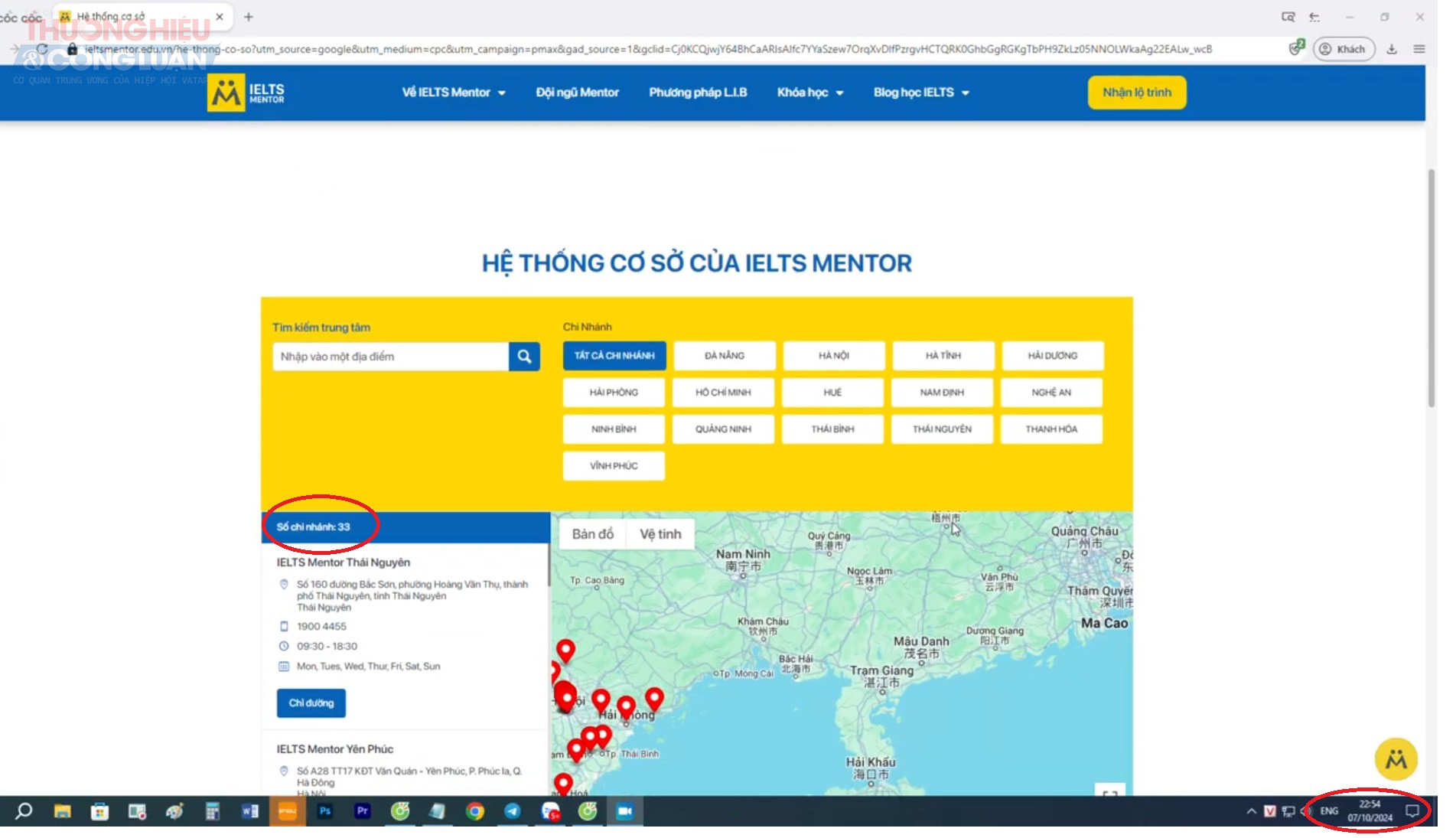 Ghi nhận trên webiste ngày 7/10 cho thấy, IELTS MENTOR có 13 cơ sở trên toàn quốc