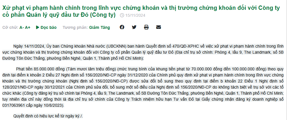 Thông báo xử phạt của Ủy ban Chứng khoán Nhà nước