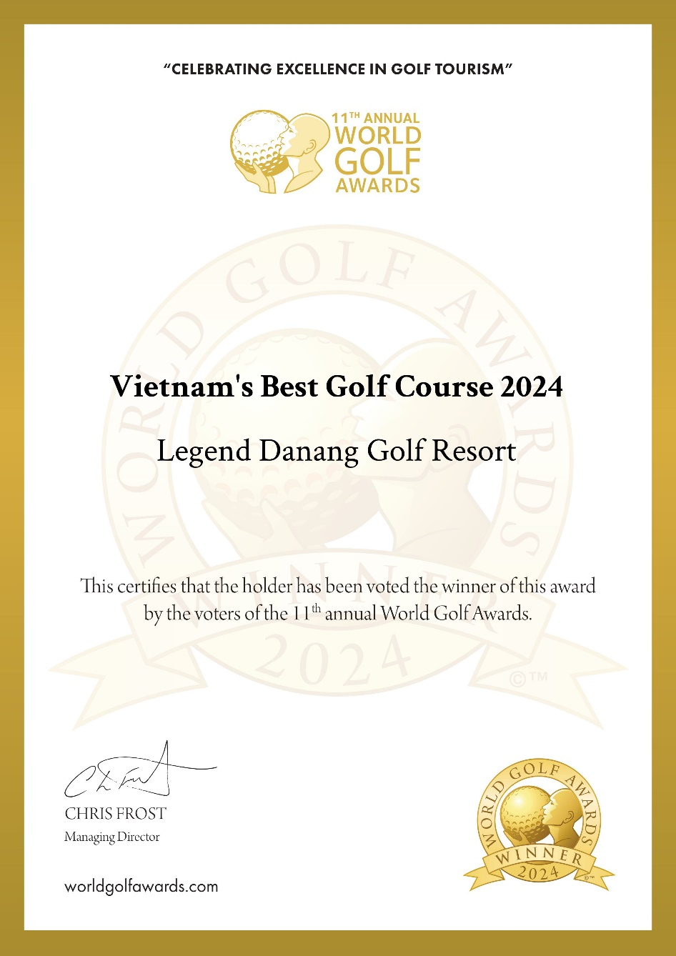 Chứng nhận giải thưởng Sân golf tốt nhất Việt Nam 2024 mà World Golf Awards dành cho Legend Danang Golf Resort