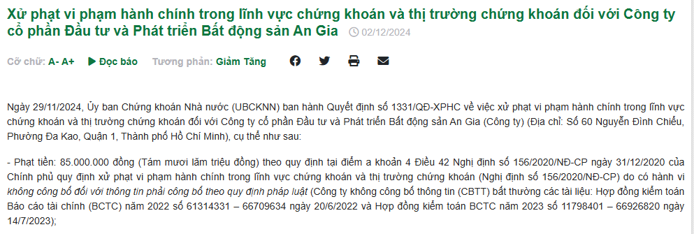 Một phần thông báo xử phạt của Ủy ban Chứng khoán Nhà nước