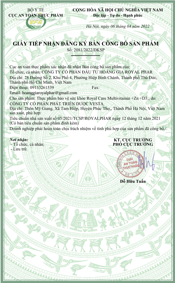TPBVSK Royal Care Multivitamin + Zn + D3 đã được Bộ Y tế chấp nhận công bố sản phẩm và cấp Giấy xác nhận nội dung quảng cáo TPBVSK Royal Care Multivitamin + Zn + D3 đã được Bộ Y tế chấp nhận công bố sản phẩm và cấp Giấy xác nhận nội dung quảng cáo