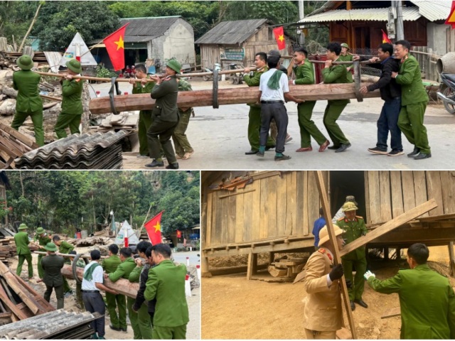 Các cán bộ, chiến sĩ Công an huyện Kỳ Sơn hỗ trợ người dân bản Vàng Phao, xã biên giới Mường Típ di dời tài sản, nhà cửa đến nơi tái định cư an toàn.