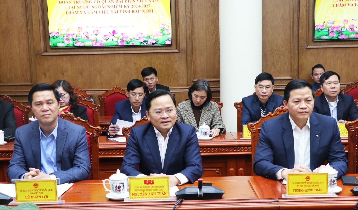 Bí thư Tỉnh ủy Nguyễn Anh Tuấn (ngồi giữa); Chủ tịch UBND tỉnh Vương Quốc Tuấn (ngoài cùng bên phải); Phó Chủ tịch UBND tỉnh Lê Xuân Lợi (ngoài cùng bên trái) tiếp và làm việc với Đoàn.