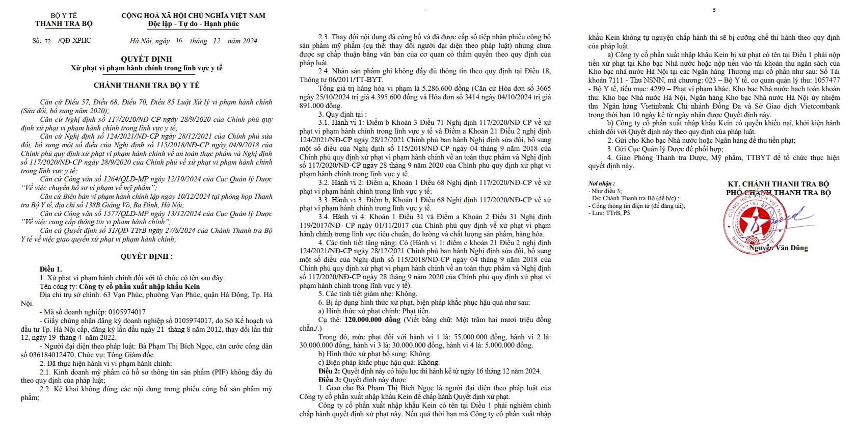 Quyết định xử phạt vi phạm hành chính đối với Công ty Cổ phần xuất nhập khẩu Kein