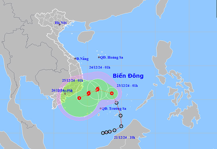 Vị trí và đường đi của áp thấp nhiệt đới. Ảnh: NCHMF