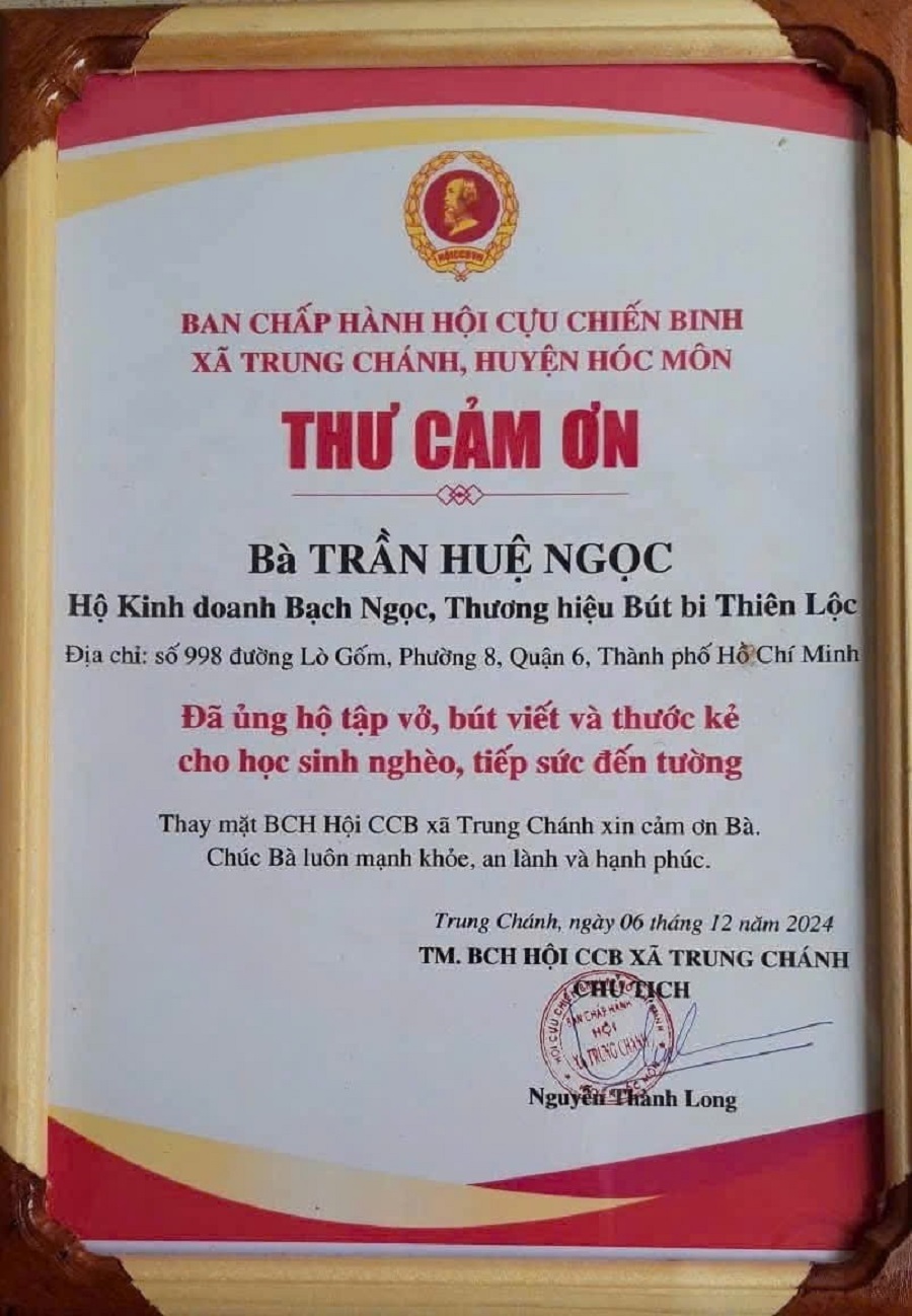 Thư cảm ơn - Ban chấp hành Hội Cựu chiến binh, xã Trung Chánh, Hóc Môn.