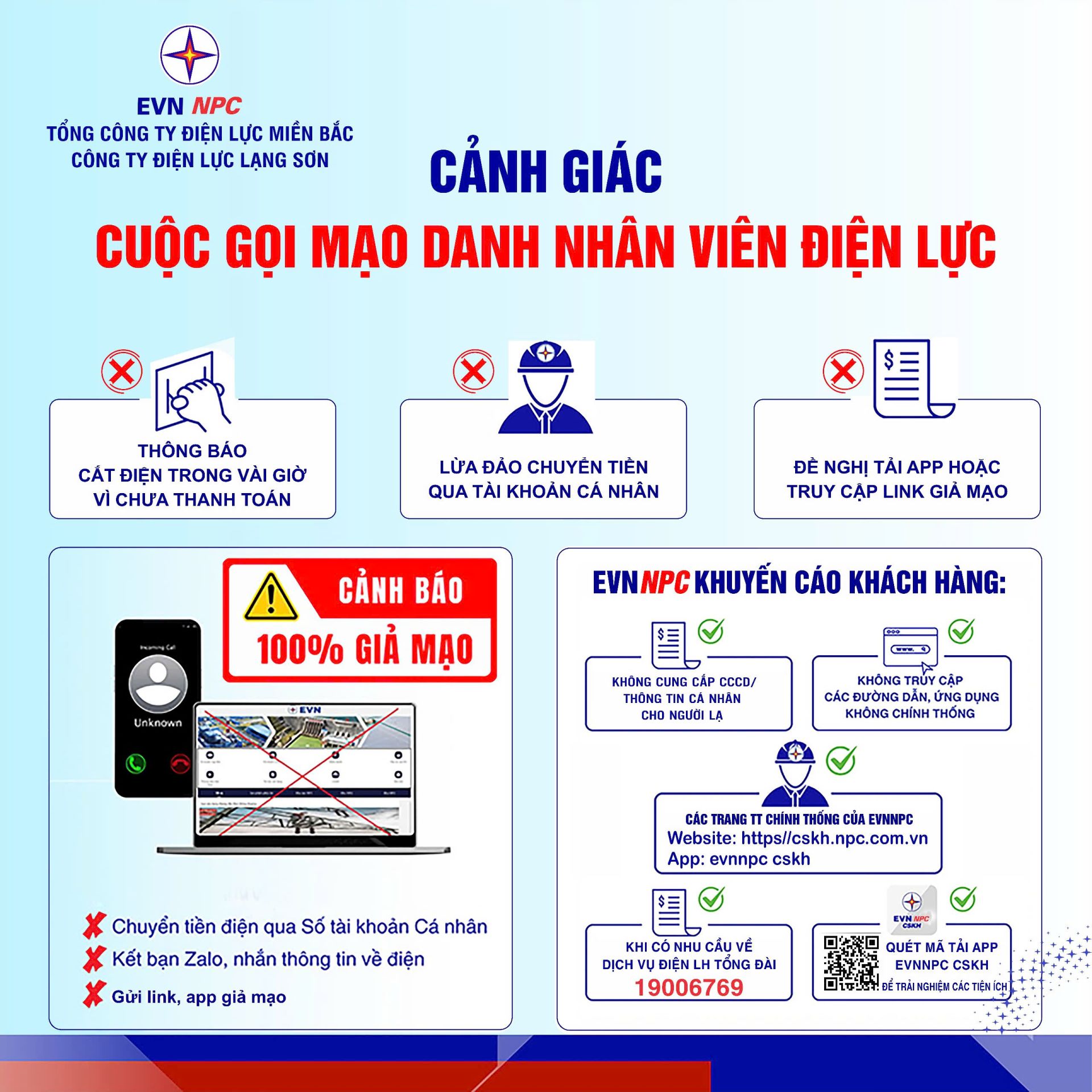 Công ty Điện lực Lạng Sơn thông tin với khách hàng cảnh giác đối với cuộc gọi giả mạo nhân viên điện lực