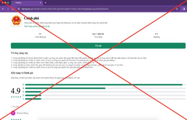 Ứng dụng giả mạo Chính phủ thông qua đường link lạ được thiết kế dưới dạng Landing Page để lừa người dùng tải xuống. Ảnh: