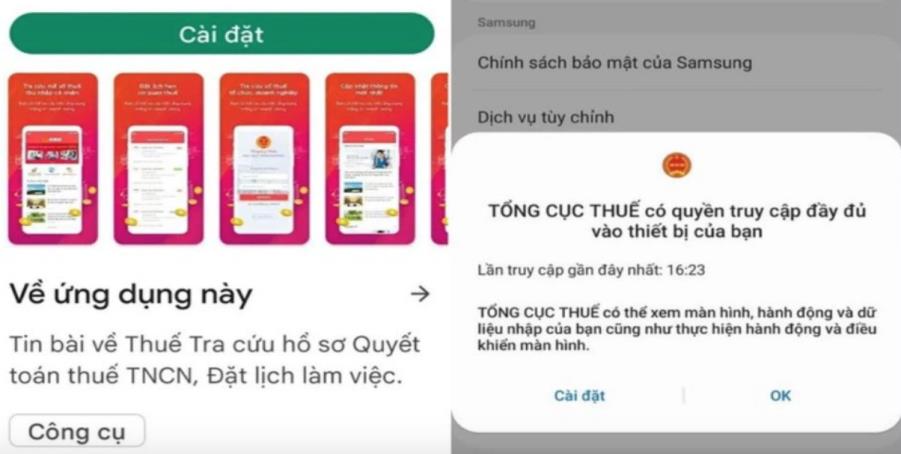 Ứng dụng giả mạo Tổng cục Thuế yêu cầu truy cập toàn quyền điện thoại. Ảnh: Công an TP. Hà Nội