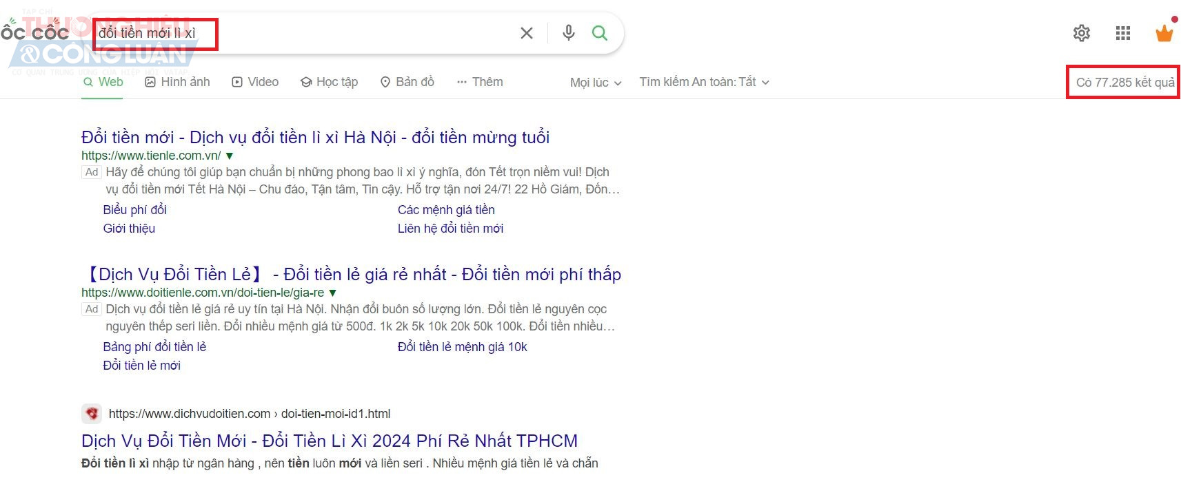 Chỉ cần gõ cụm từ “đổi tiền mới lì xì” trên trang mạng như Google, Cốc cốc,… trong vòng chưa đầy 1 giây đã có hàng nghìn kết quả.