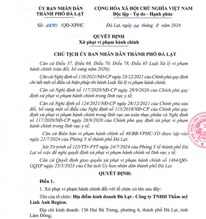 Một phần quyết định xử phạt của UBND TP. Đà Lạt Một phần quyết định xử phạt của UBND TP. Đà Lạt