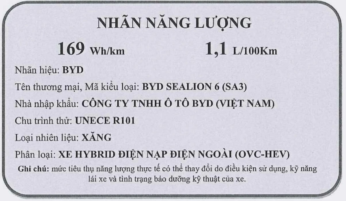 Thông tin trên website Cục Đăng kiểm cho thấy BYD Sealion 6 được trang bị động cơ xăng dung tích 1.5L, sản sinh công suất tối đa 105 mã lực tại 6.000 vòng/phút. Motor điện sử dụng kết hợp trên xe có công suất 195 mã lực.