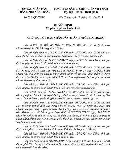 Quyết định xử phạt vi phạm h&agrave;nh ch&iacute;nh của UBND TP. Nha Trang