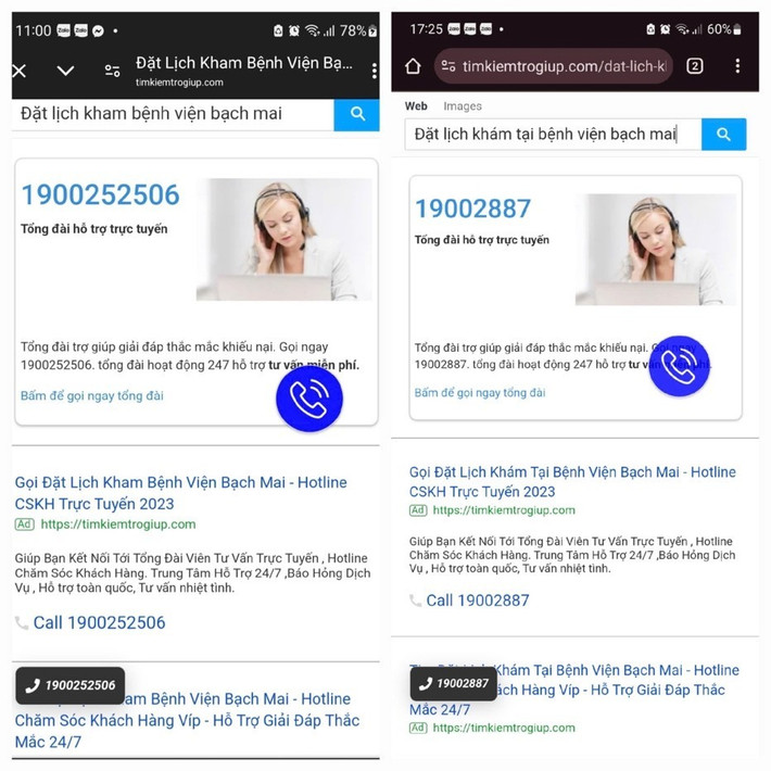 Tìm kiếm thông tin “đặt lịch khám” trên trang https://timkiemtrogiup.com/, mỗi thời điểm lại ra một số hotline khác nhau. (Ảnh: BVCC)