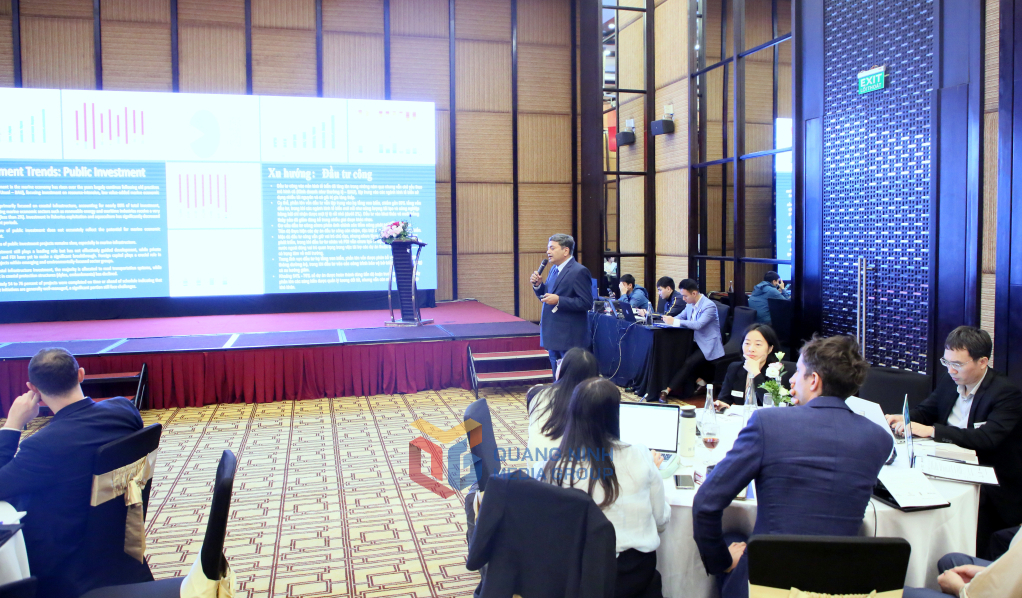 Các đại biểu, chuyên gia tham luận, chia sẻ về một số vấn đề trong việc hạch toán vốn tự nhiên biển và ven biển và phát triển bền vững kinh tế biển.