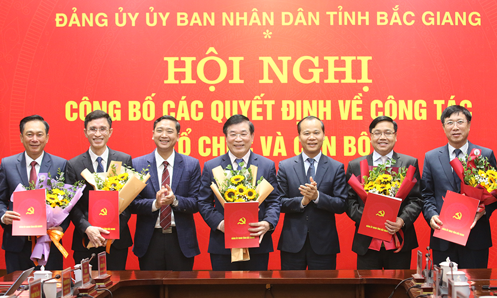 Các đồng chí: Nguyễn Việt Oanh, Mai Sơn trao quyết định cho các đồng chí bí thư đảng bộ cơ sở trực thuộc Đảng bộ UBND tỉnh.