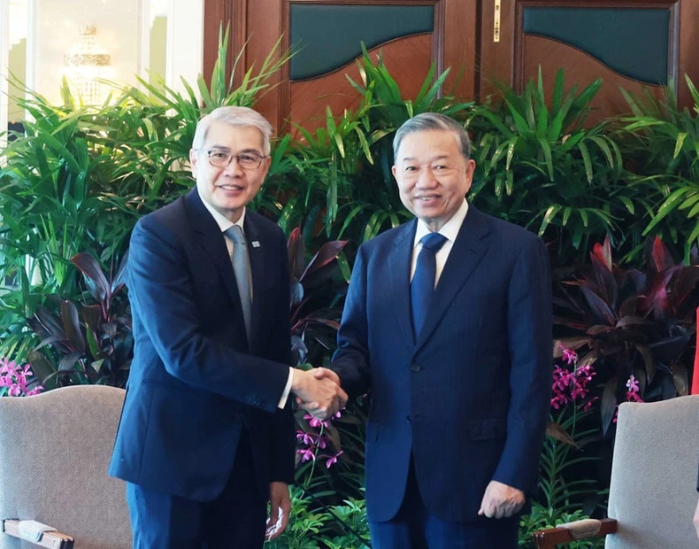 Tổng B&iacute; thư T&ocirc; L&acirc;m tiếp &ocirc;ng Lim Ming Yan, Chủ tịch Li&ecirc;n đo&agrave;n Doanh nghiệp Singapore (SBF). (Ảnh: TTXVN)