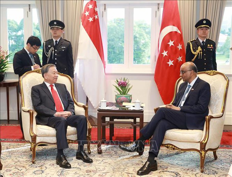 Tổng Bí thư trao đổi với Tổng thống Tharman Shanmugaratnam về những phương hướng lớn và biện pháp cụ thể triển khai quan hệ Đối tác Chiến lược toàn diện mới thiết lập