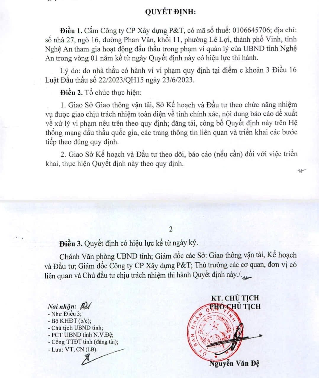 UBND tỉnh Nghệ An ký Quyết định số 382/QĐ-UBND về việc cấm tham gia hoạt động đấu thầu.