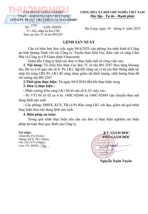 Lệnh sản xuất số 1755/LSX-ĐHSX về việc bốc, nhập lại khi CB1 than cục don 7C từ tàu BN 2267 do ông Nguyễn Xuân Tuyên - Phó giám đốc Công ty Tuyển than Hòn Gai ký ngày 4/4/2025.