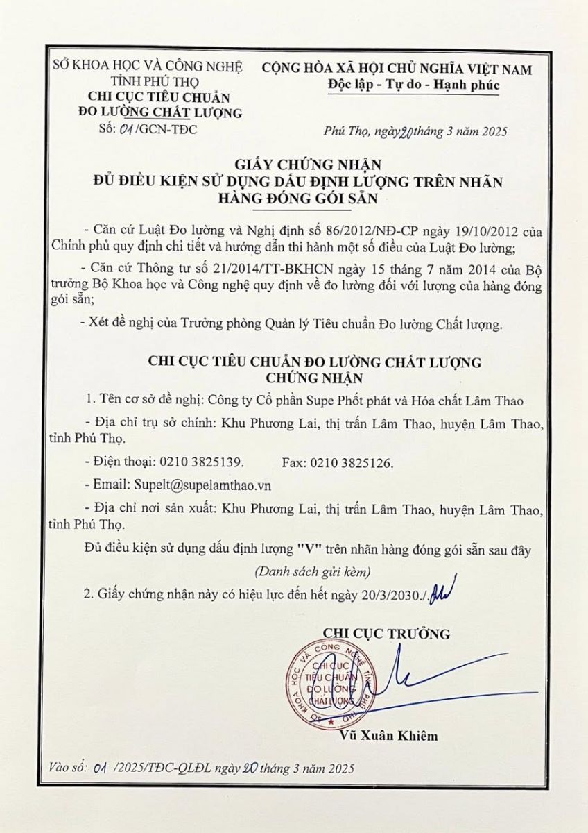 Chứng nhận đủ điều kiện sử dụng dấu định lượng (cấp lại lần thứ 3) của Công ty CP Supe Phốt phát và Hóa chất Lâm Thao