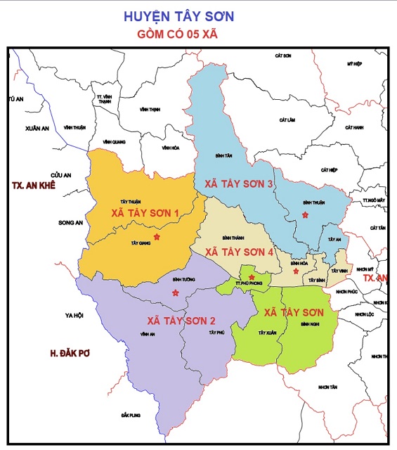Bản đồ dự kiến phương án sắp xếp ĐVHC huyện Tây Sơn. Ảnh: SNV Bản đồ dự kiến phương án sắp xếp ĐVHC huyện Tây Sơn. Ảnh: SNV