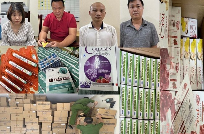 Các đối tượng (từ trái qua phải): Nga, Đôn, Hải, Phúc và tang vật thu được. (