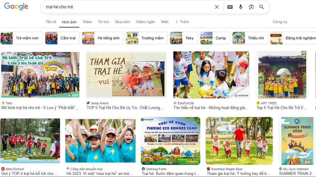 Khi gõ trên công cụ tìm kiếm của Google, phụ huynh sẽ thấy rất nhiều các trại hè nổi lên Khi gõ trên công cụ tìm kiếm của Google, phụ huynh sẽ thấy rất nhiều các trại hè nổi lên